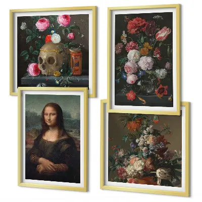 Zarámovaný set obrazov Vintage kvety lebka Mona Lisa zarámovaná sada obrazov