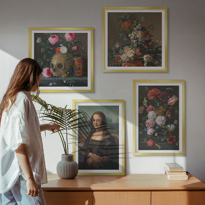 Zarámovaný set obrazov Vintage kvety lebka Mona Lisa