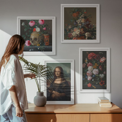 Zarámovaný set obrazov Vintage kvety lebka Mona Lisa
