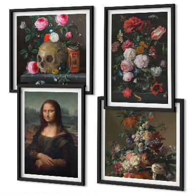 Zarámovaný set obrazov Vintage kvety lebka Mona Lisa