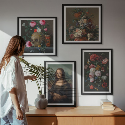 Zarámovaný set obrazov Vintage kvety lebka Mona Lisa