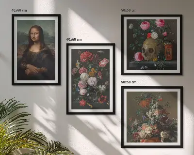 Zarámovaný set obrazov Vintage kvety lebka Mona Lisa zarámovaná sada obrazov