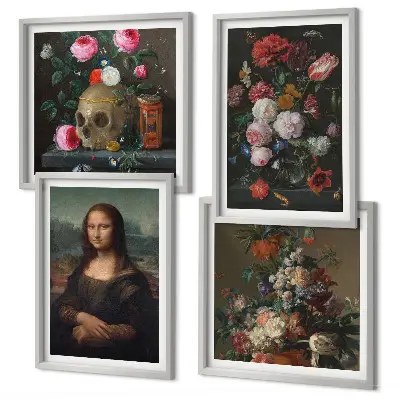 Zarámovaný set obrazov Vintage kvety lebka Mona Lisa zarámovaná sada obrazov