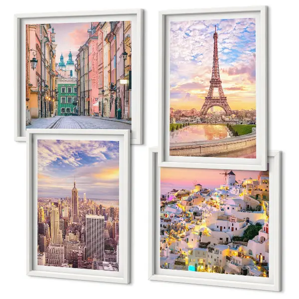 Zarámovaný set obrazov New York, Paríž, Oia a Varšava počas súmraku