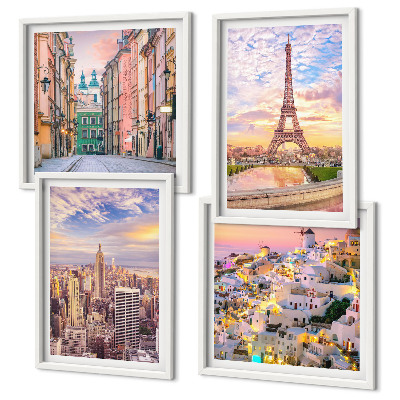 Zarámovaný set obrazov New York Paríž Oia Varšava súmrak