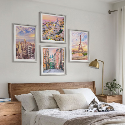 Zarámovaný set obrazov New York Paríž Oia Varšava súmrak