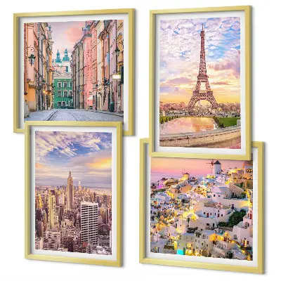 Zarámovaný set obrazov New York, Paríž, Oia a Varšava počas súmraku