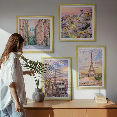 Zarámovaný set obrazov New York, Paríž, Oia a Varšava počas súmraku