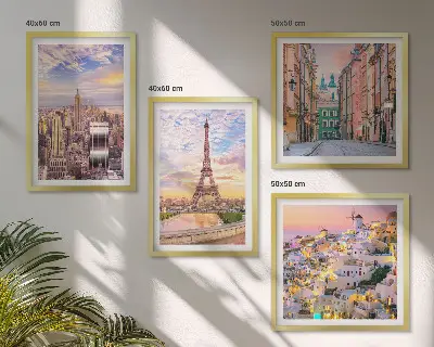 Zarámovaný set obrazov New York, Paríž, Oia a Varšava počas súmraku