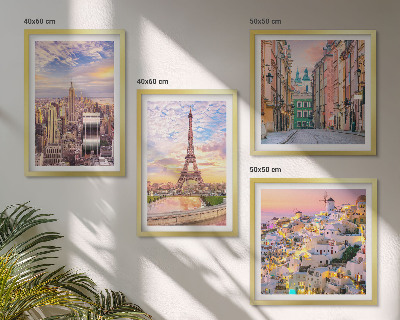 Zarámovaný set obrazov New York Paríž Oia Varšava súmrak