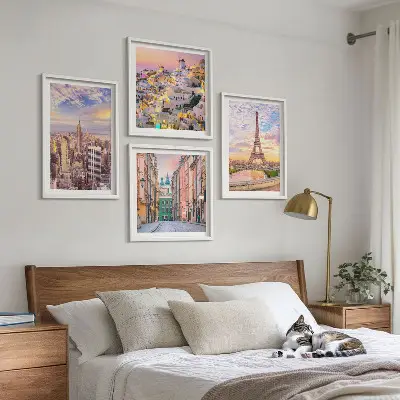 Zarámovaný set obrazov New York, Paríž, Oia a Varšava počas súmraku