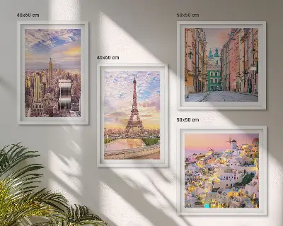 Zarámovaný set obrazov New York, Paríž, Oia a Varšava počas súmraku