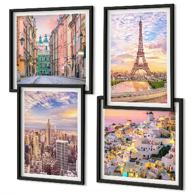 Zarámovaný set obrazov New York, Paríž, Oia a Varšava počas súmraku