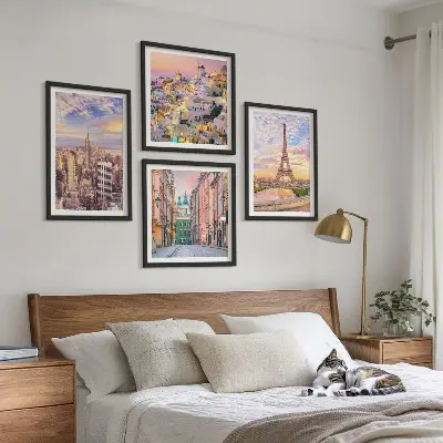 Zarámovaný set obrazov New York, Paríž, Oia a Varšava počas súmraku