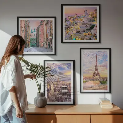 Zarámovaný set obrazov New York, Paríž, Oia a Varšava počas súmraku