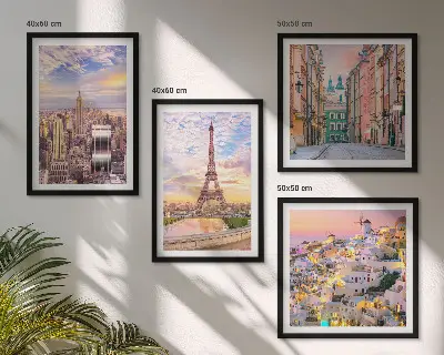 Zarámovaný set obrazov New York, Paríž, Oia a Varšava počas súmraku