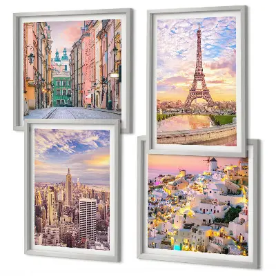 Zarámovaný set obrazov New York, Paríž, Oia a Varšava počas súmraku