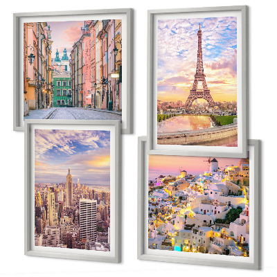 Zarámovaný set obrazov New York Paríž Oia Varšava súmrak