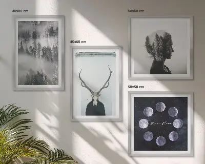 Zarámovaný set obrazov s motívom lesa, hmly, mesiaca, lebky a ženy