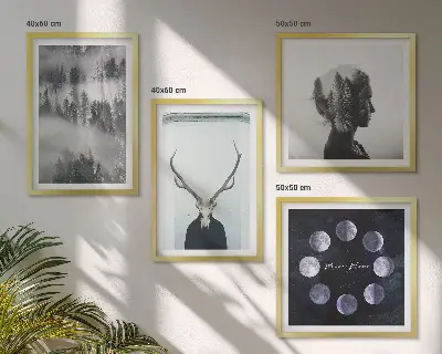 Zarámovaný set obrazov s motívom lesa, hmly, mesiaca, lebky a ženy