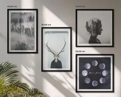 Zarámovaný set obrazov s motívom lesa, hmly, mesiaca, lebky a ženy