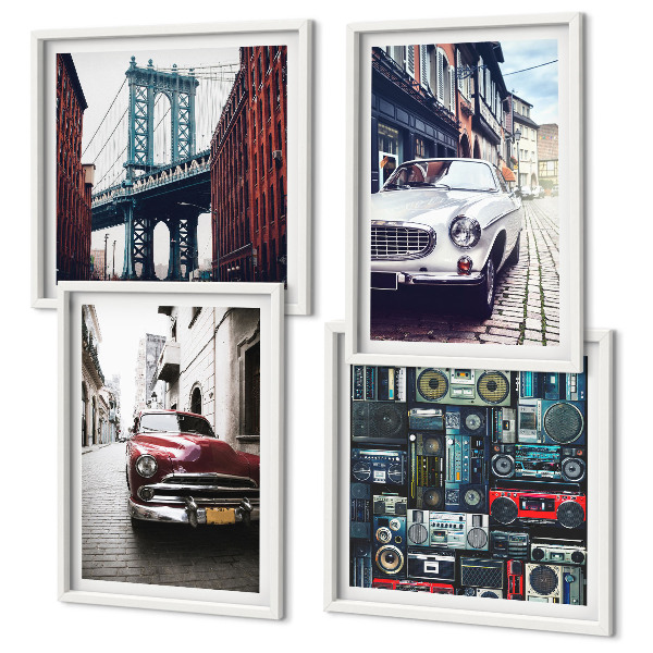 Zarámovaný set obrazov Staré autá Brooklyn retro audio