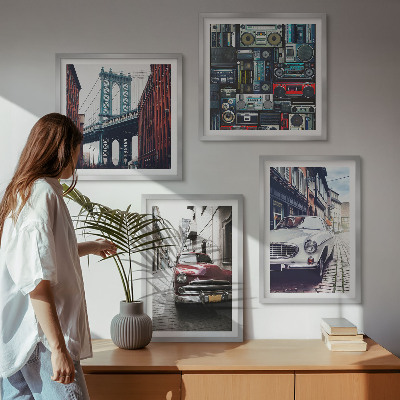 Zarámovaný set obrazov Staré autá Brooklyn retro audio
