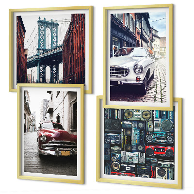 Zarámovaný set obrazov Staré autá Brooklyn retro audio