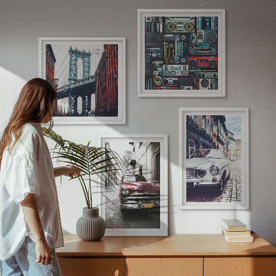 Zarámovaný set obrazov Staré autá Brooklyn retro audio