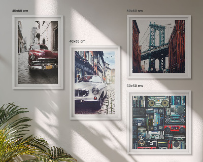 Zarámovaný set obrazov Staré autá Brooklyn retro audio