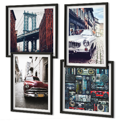 Zarámovaný set obrazov Staré autá Brooklyn retro audio