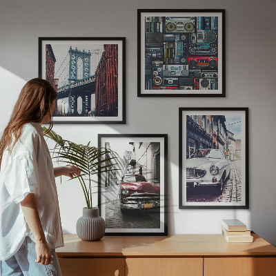 Zarámovaný set obrazov Staré autá Brooklyn retro audio