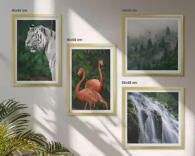 Zarámovaný set obrazov s motívom tigra, vodopádu, plameniakov a prírody