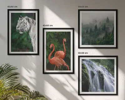 Zarámovaný set obrazov s motívom tigra, vodopádu, plameniakov a prírody