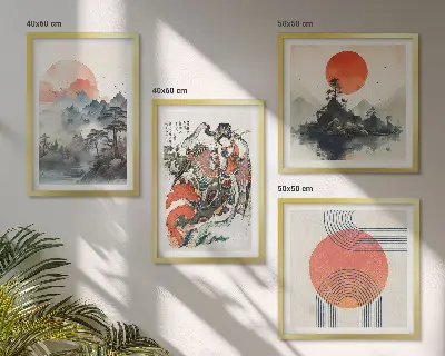 Dekoratívna sada obrazov ázijské krajiny v štýle japandi