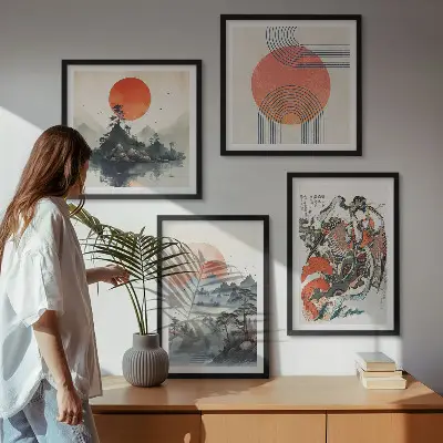 Dekoratívna sada obrazov ázijské krajiny v štýle japandi
