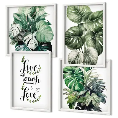 Dekoratívna sada obrazov listnaté rastliny s nápisom žijú, smejú sa, milujú