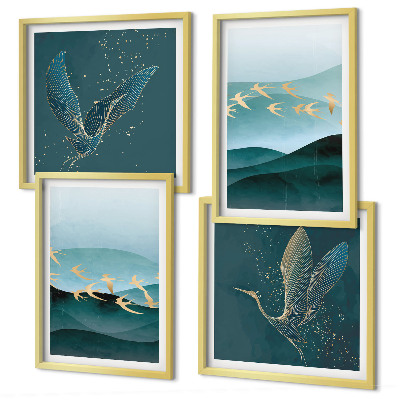 Zarámovaný set obrazov Abstraktné krajiny vtáčích vĺn