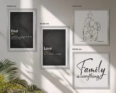 Zarámovaný set obrazov definície lásky v rodinnej line-art grafike
