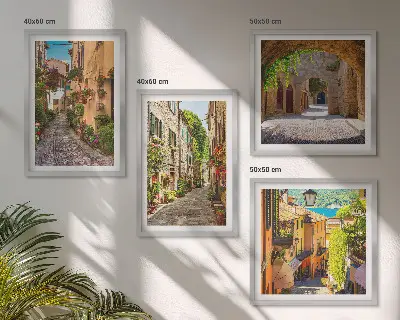 Zarámovaný set obrazov talianske ulice, kvety a architektúra