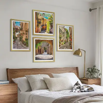 Zarámovaný set obrazov talianske ulice, kvety a architektúra