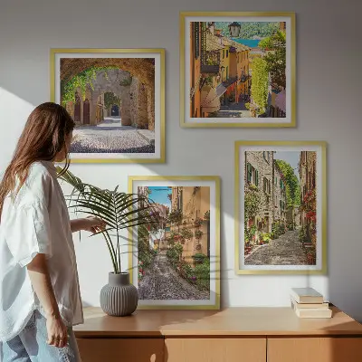 Zarámovaný set obrazov talianske ulice, kvety a architektúra