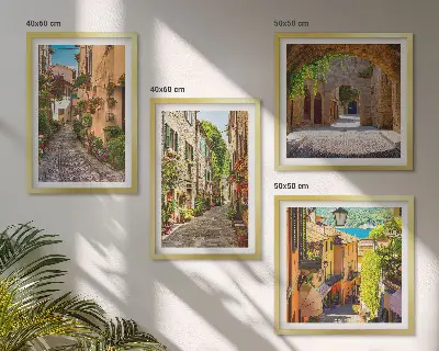 Zarámovaný set obrazov talianske ulice, kvety a architektúra