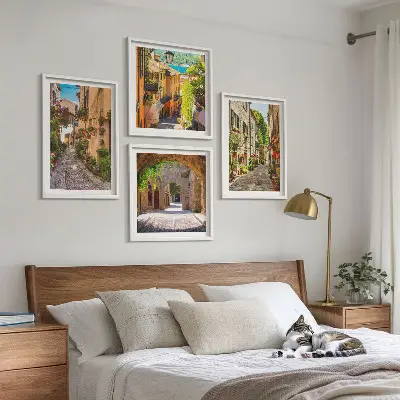 Zarámovaný set obrazov talianske ulice, kvety a architektúra