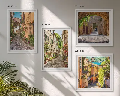 Zarámovaný set obrazov talianske ulice, kvety a architektúra