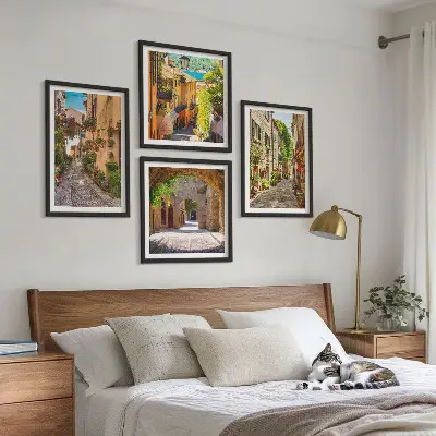 Zarámovaný set obrazov talianske ulice, kvety a architektúra