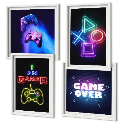 Zarámovaný set obrazov ikona hráča s gamepadmi a titulkami