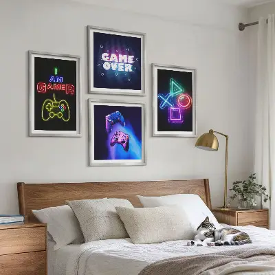 Zarámovaný set obrazov ikona hráča s gamepadmi a titulkami