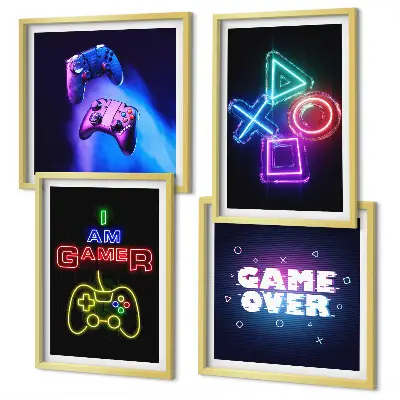 Zarámovaný set obrazov ikona hráča s gamepadmi a titulkami