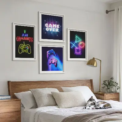 Zarámovaný set obrazov ikona hráča s gamepadmi a titulkami